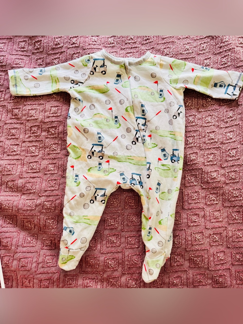 Mud Pie White Footed One-Piece with Green & Blue Golf Cart Print Size 0-3 mths